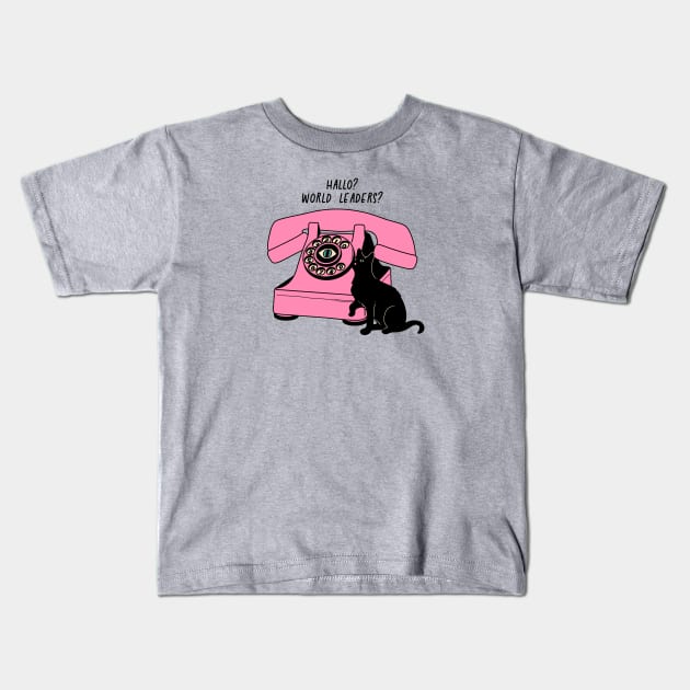 World Domination Black Cat in beige Kids T-Shirt by The Charcoal Cat Co.